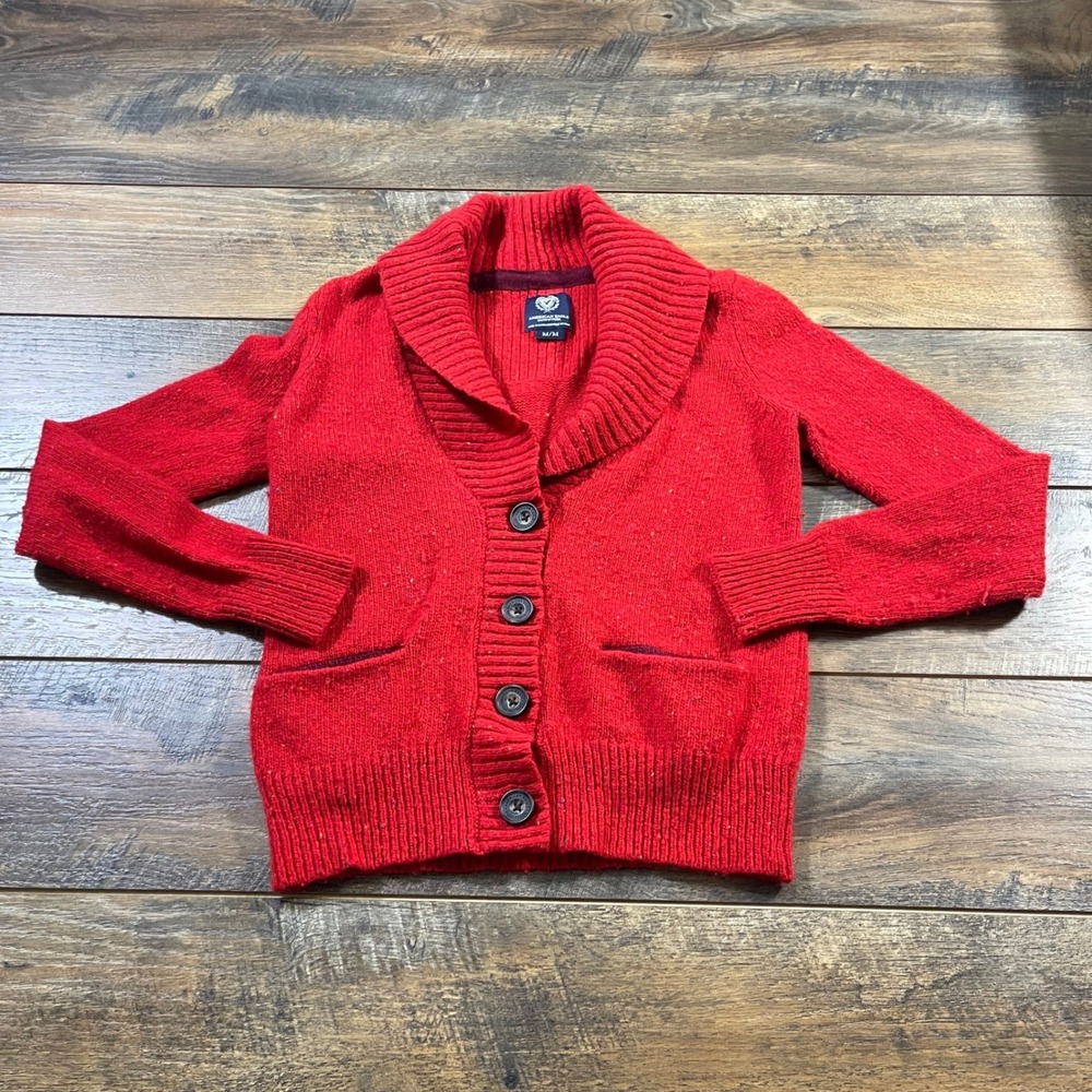 American Eagle Red Wool Blend Shawl Collar Button Front Cardigan Sweater Medium
